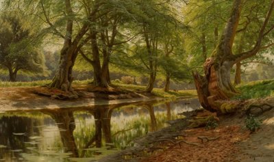 P.Mönsted, dia de primavera no Waldbach de Peder Monsted