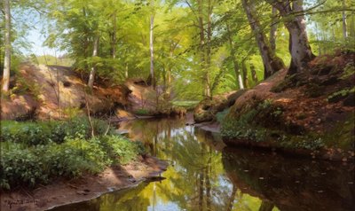 P.Mönsted, dia ensolarado no Waldbach de Peder Monsted