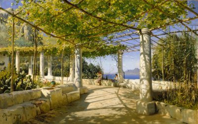 Pérgola em Capri com vista para o Monte Vesúvio de Peder Monsted