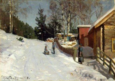 Crianças brincando na rua da vila de neve de Peder Monsted