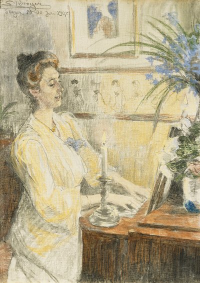 Retrato de Johanne Helene Louise Brodersen, ao piano, 1907 de Peder Severin Krøyer