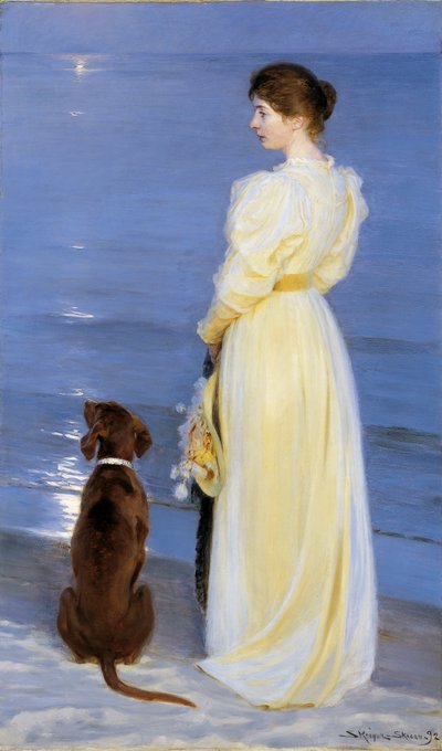 Noite de verão em Skagen. A esposa do artista com cachorro na praia de Peder Severin Krøyer