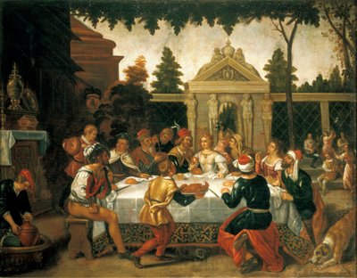 Festa de casamento de Isaac e Rebecca, por um artista da escola Pedro Orrente (1580-ca 1645) de Pedro (school of) Orrente