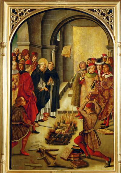 São Domingos preside à queima dos livros heréticos dos albigenses (pintura sobre madeira) de Pedro Berruguete