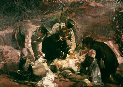 Doação de sangue" Uma ferida de guerra é resgatada por voluntários da Cruz Vermelha (pintura) de Pedro Ferrer Calatayud