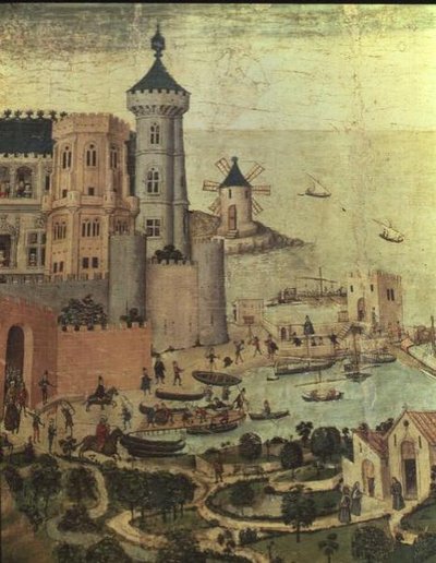 O Porto de Maiorca com as Torres Almudaine, durante a conquista da cidade por James I (detalhe) de Pedro Nisart