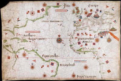 Carta do Oceano Atlântico, Mediterrâneo e Mar Negro, c.1535 (velino, papel) de Pedro Reinel