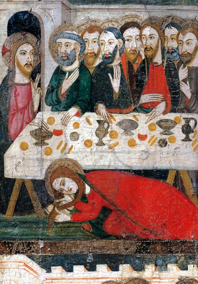 Maria Madalena lavando os pés de Cristo com o seu cabelo, por Pedro Serra ou Pere Serra (activo entre 1363 e 1399), pintando sobre madeira. de Pedro Serra