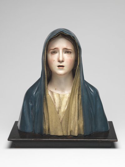 Virgem das Dores Mater Dolorosa (madeira policromada, vidro e pêlos de animais) de Pedro de Mena