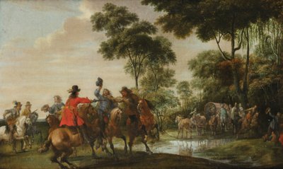 Highwaymen invadindo um carro de inclinação por um córrego na floresta de Peeter Snayers