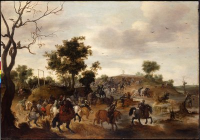 Paisagem com uma batalha de cavalaria, forca e um moinho de vento além de Peeter Snayers