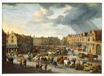 O Antigo Mercado do Boi em Antuérpia (óleo sobre tela) de Peeter van Bredael