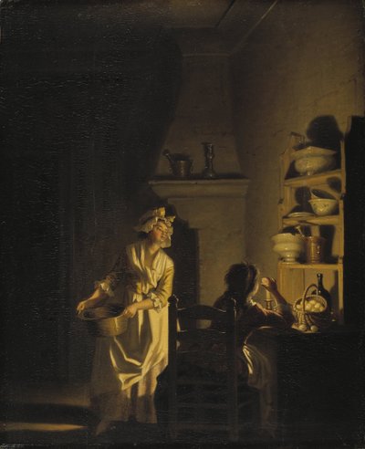 Le test des oeufs, interieur de cuisine - Testando Ovos. Interior de uma cozinha, por Hillestrom, Pehr (1732-1816). Óleo sobre madeira. Dimensão : 39x32 cm. Nationalmuseum Estocolmo de Pehr Hilleström