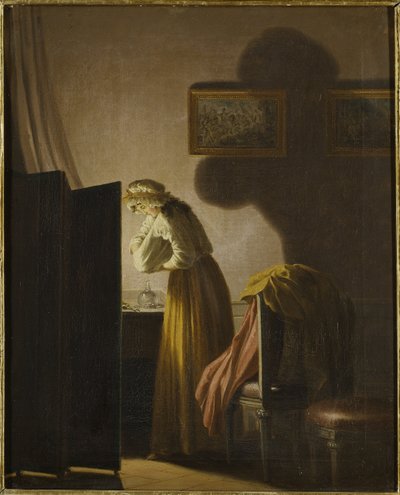 Une femme attrapant des puces a la lumiere de la bougie - A Woman Catching Fleas by Candlelight, de Hillestrom, Pehr (1732-1816). Óleo sobre tela. Dimensão : 51,5x42,5 cm. Nationalmuseum Stockholm de Pehr Hilleström
