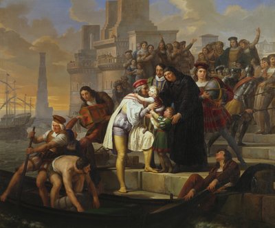 Cristóvão Colombo abraçando seus dois filhos e recomendando-os ao Padre Giovanni Perez antes de deixar Palos para a viagem de descoberta da América de Pelagio Palagi