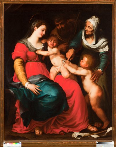 A sagrada família com a borboleta e com Santa Isabel e São João Batista Pintura de Pellegro Piola (1617-1640) de Pellegrino Piola