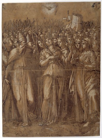 Santa Úrsula com as virgens martirizadas (caneta e tinta marrom realçada com a cor do corpo branca sobre papel lavado de marrom) de Pellegrino (c.1460 1523) Aretusi