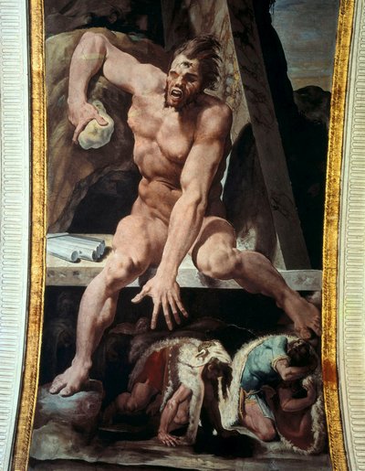 Ulisses e seus companheiros fogem do covil de Polifemo. Fresco de Pellegrino Tibaldi