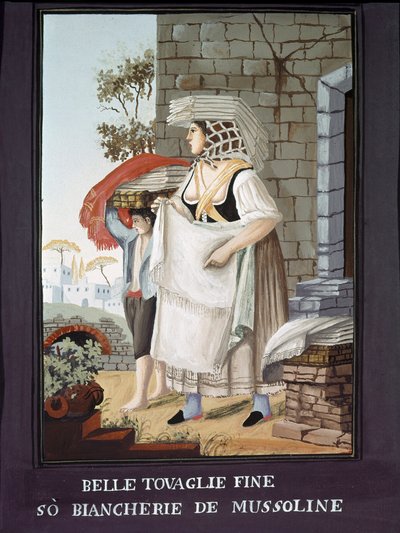 Petity Metier Neapolitan: um vendedor ambulante de toalhas de mesa e linho - (Comércio antigo: vendedor de toalhas de mesa e linho) Pintura de Pelliccia Museo Nazionale di San Martino Nápoles do século XIX de Pelliccia