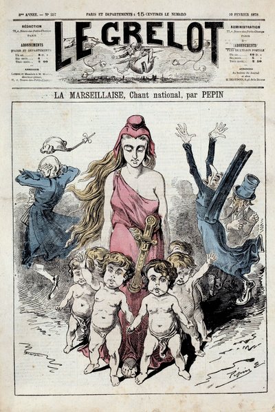 Um dos "sinos" representando uma alegoria do hino nacional "La Marseillaise" avançando enquanto os nobres entupem os ouvidos enquanto fogem. Ilustração de Pepin. 10/02/1878. Coleção Particular de Pepin