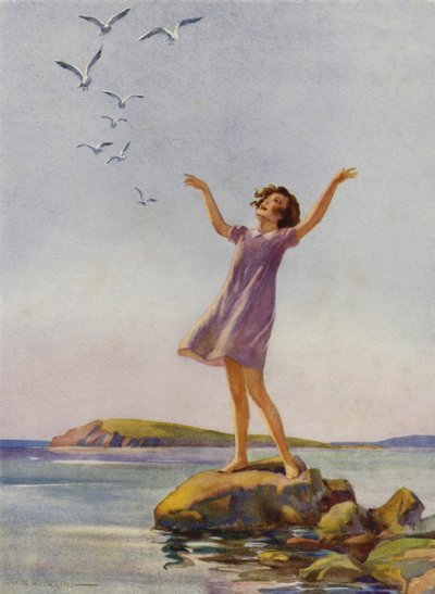Garota aproveitando o sol à beira-mar (lito colorido) de Percy Bell Hickling