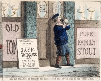 "O rapaz - que, indo buscar a cerveja da família, aprende o caminho para a Casa Pública, pub.c. 1872 (gravura colorida à mão) de Percy Cruikshank