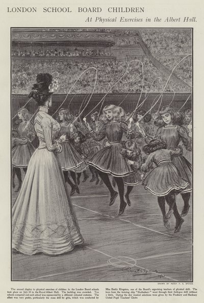 Crianças da London School Board em exercícios físicos no Albert Hall (litho) de Percy F.S. (after) Spence