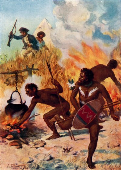 Os nativos australianos no tempo do Capitão Cook (cor litho) de Percy F.S. (after) Spence