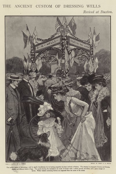 O antigo costume de vestir poços revividos em Buxton, Derbyshire (litho) de Percy F.S. (after) Spence