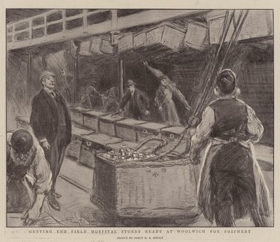 Obtendo o hospital de campo armazena pronto em Woolwich para embarque de Percy F.S. Spence