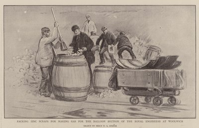 Embalagem de sucatas de zinco para fazer gás para a seção de balões dos engenheiros reais em Woolwich de Percy F.S. Spence