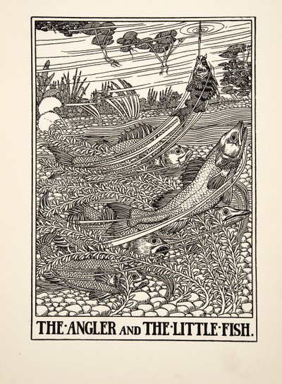 The Angler and the Little Fish, de A Hundred Fables of Aesop, pub.1903 (gravura) de Percy J. Billingshurst