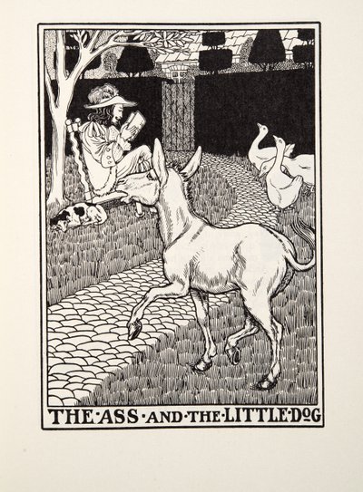 O burro e o cão pequeno, de fábulas de Fontaine, bar. 1905 de Percy J. Billingshurst