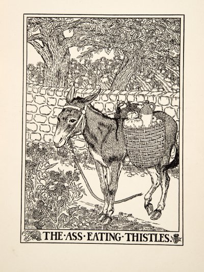 O burro comendo cardos, de cem fábulas de Esopo, pub.1903 de Percy J. Billingshurst