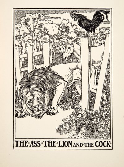 O burro, o leão e o galo, de cem fábulas de Esopo, pub.1903 de Percy J. Billingshurst