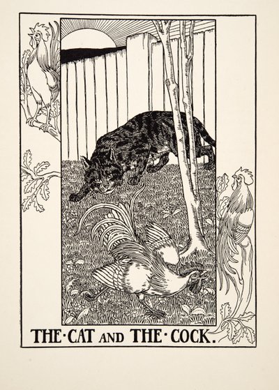 O gato e o galo, de cem fábulas de Esopo, pub.1903 de Percy J. Billingshurst