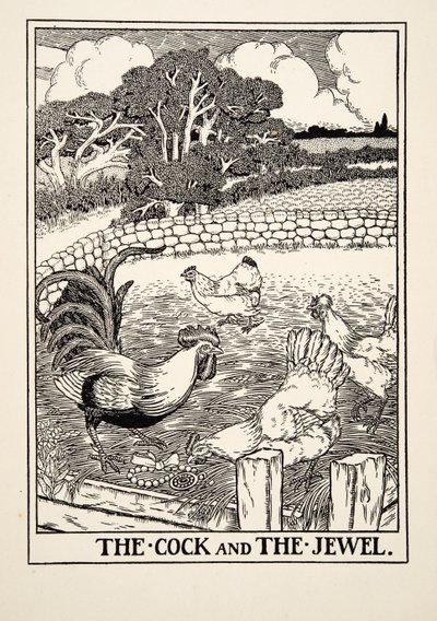 O galo e a jóia, de cem fábulas de Esopo, pub.1903 de Percy J. Billingshurst