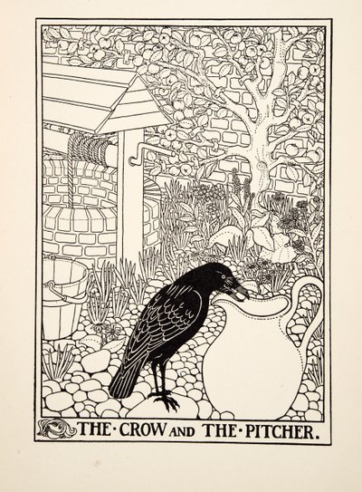 O corvo e o jarro, de cem fábulas de Esopo, pub.1903 de Percy J. Billingshurst