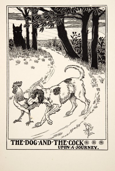 O cão e o galo em uma jornada, de cem fábulas de Esopo, pub.1903 de Percy J. Billingshurst