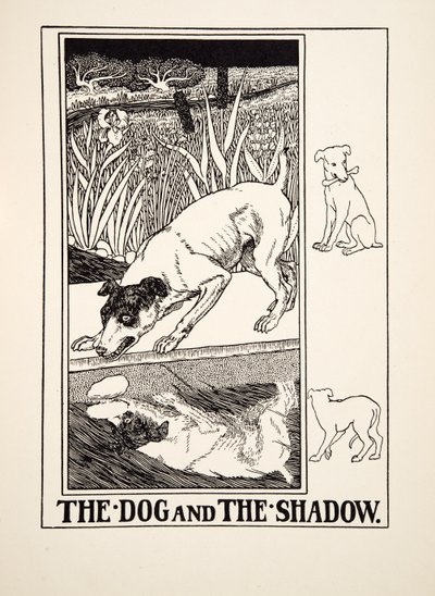 O cão e a sombra, de cem fábulas de Esopo, pub.1903 de Percy J. Billingshurst