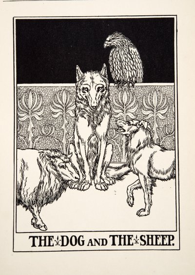 O cão e a ovelha, de cem fábulas de Esopo, pub.1903 de Percy J. Billingshurst