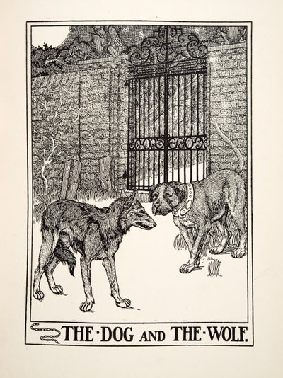 The Dog and the Wolf, from A Hundred Fables of Aesop, pub.1903 (gravura) de Percy J. Billingshurst