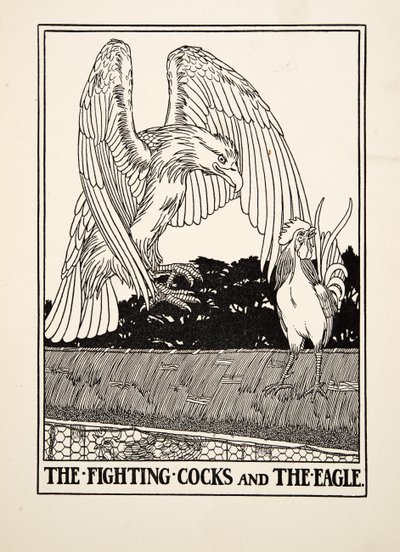 Os galos de combate e a águia, de cem fábulas de Esopo, pub.1903 de Percy J. Billingshurst