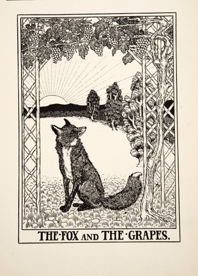 A raposa e as uvas, de cem fábulas de Esopo, pub.1903 de Percy J. Billingshurst