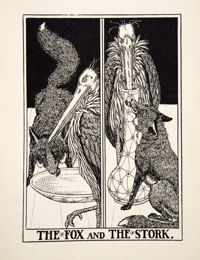 A raposa e a cegonha, de cem fábulas de Esopo, pub.1903 de Percy J. Billingshurst
