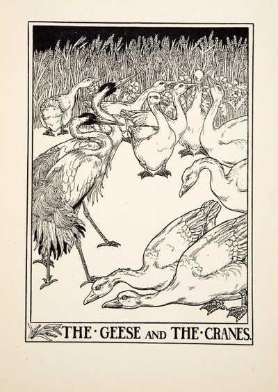 Os gansos e os guindastes, de cem fábulas de Esopo, pub.1903 de Percy J. Billingshurst