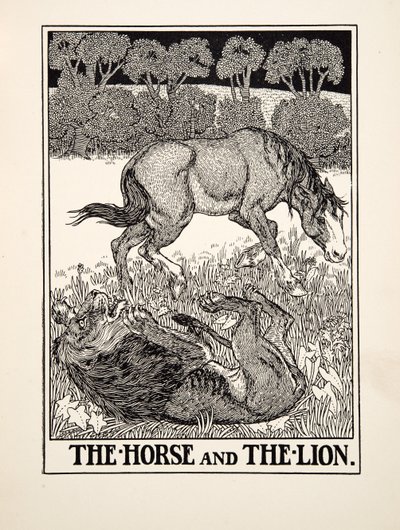 O cavalo e o leão, de cem fábulas de Esopo, pub.1903 de Percy J. Billingshurst