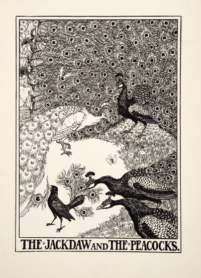 A gralha e os pavões, de cem fábulas de Esopo, pub.1903 de Percy J. Billingshurst