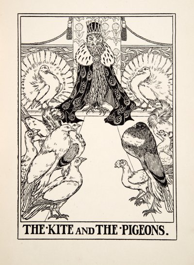 O papagaio e os pombos, de cem fábulas de Esopo, pub.1903 de Percy J. Billingshurst