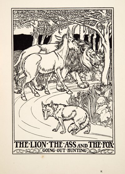 The Lion, the Ass and the Fox going out Hunting, de A Hundred Fables of Aesop, pub.1903 (gravura) de Percy J. Billingshurst